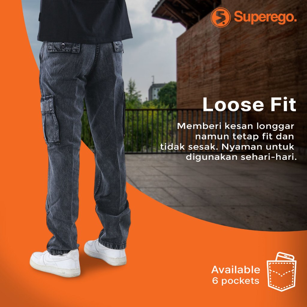 Superego Celana Cargo Jeans Pria Size 28-38 Loose Fit Long Pants Denim Snow Black SCPDW01D - Image 8