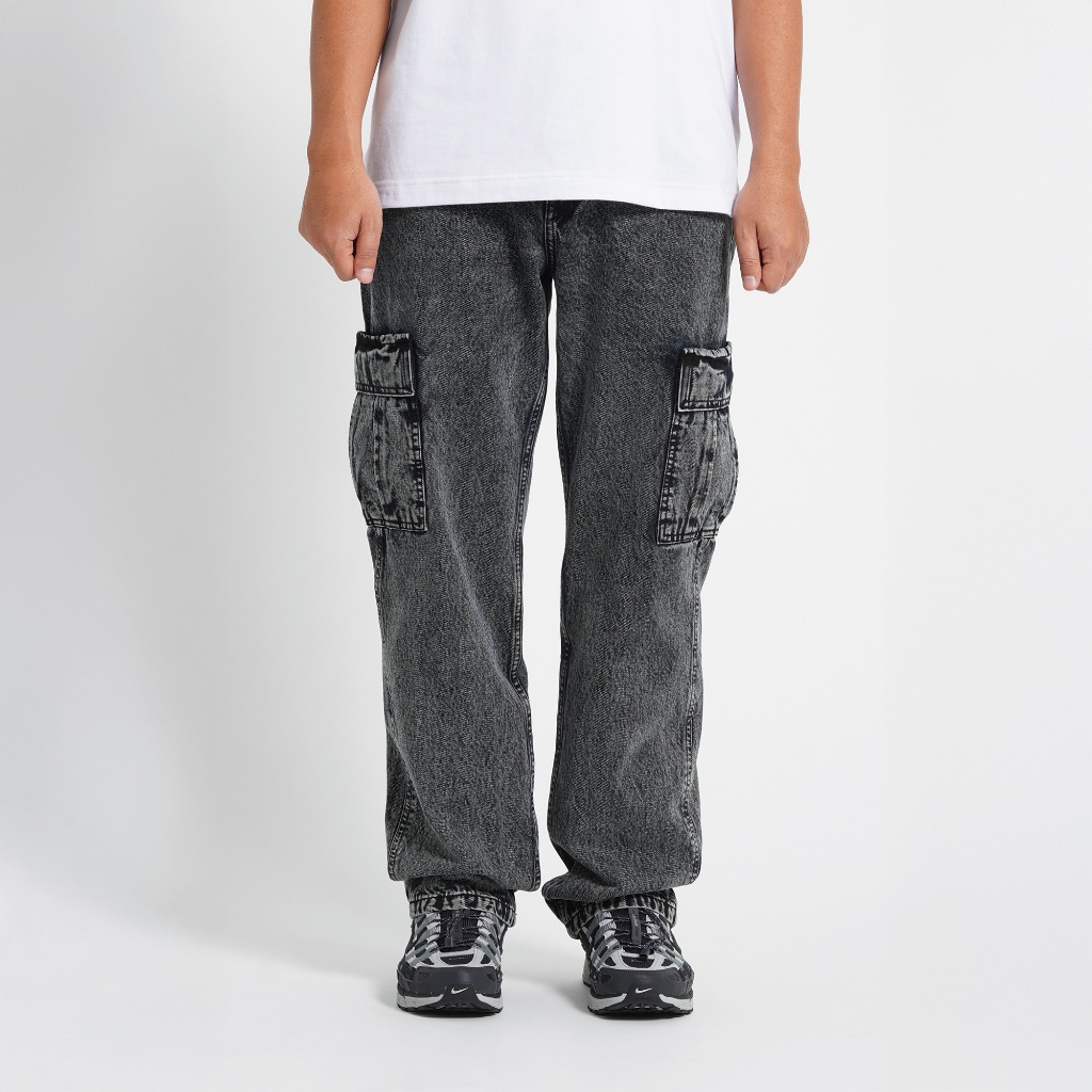 Superego Celana Cargo Jeans Pria Size 28-38 Loose Fit Long Pants Denim Snow Light Black SCPDW01E