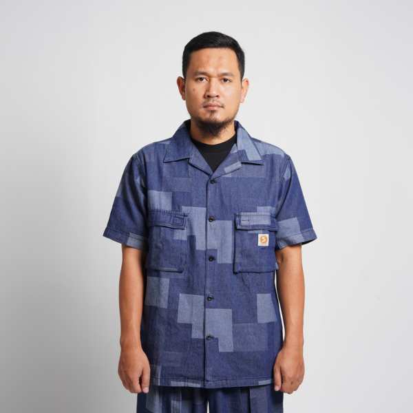 Superego Kemeja Denim Jacquard Mondrian Airflow Blue Indigo SLUB02C